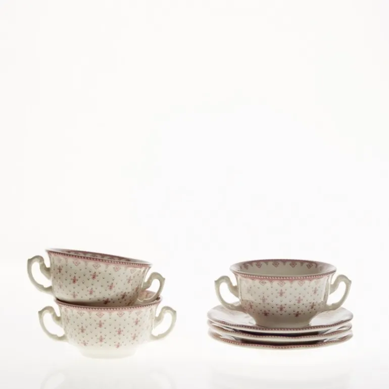 Set de 6 tazas de consomé con platillos colección Flor de Lis Rosa