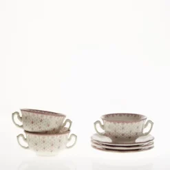 Set de 4 tazas de consomé con platillos colección Flor de Lis Rosa