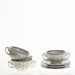 Set de 4 tazas de consomé con platillos colección Flor de Lis Azul
