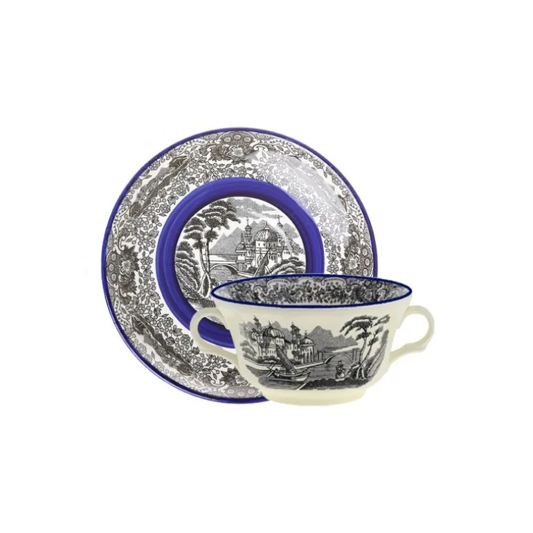 Set de 4 tazas de consomé con platillos colección Negro Vistas Blue by Aaron Stewart