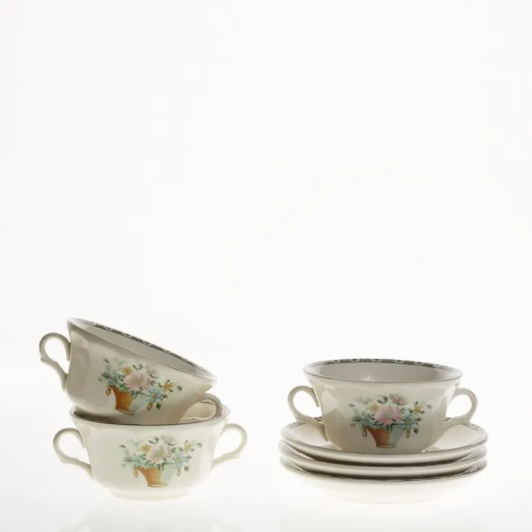 Set de 4 tazas de consomé con platillos colección Canasto Floral
