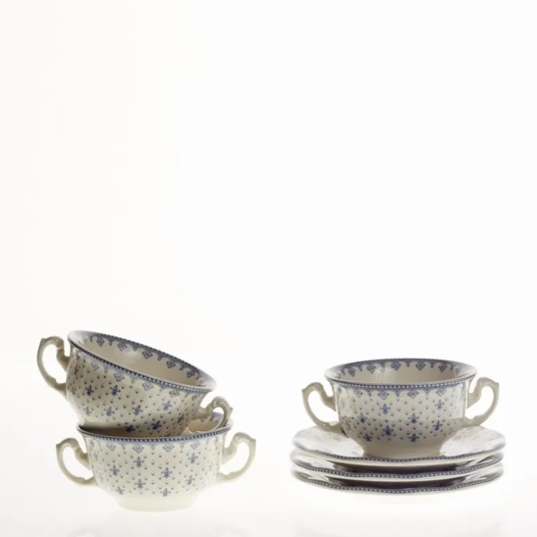 Set de 4 tazas de consomé con platillos colección Flor de Lis Azul